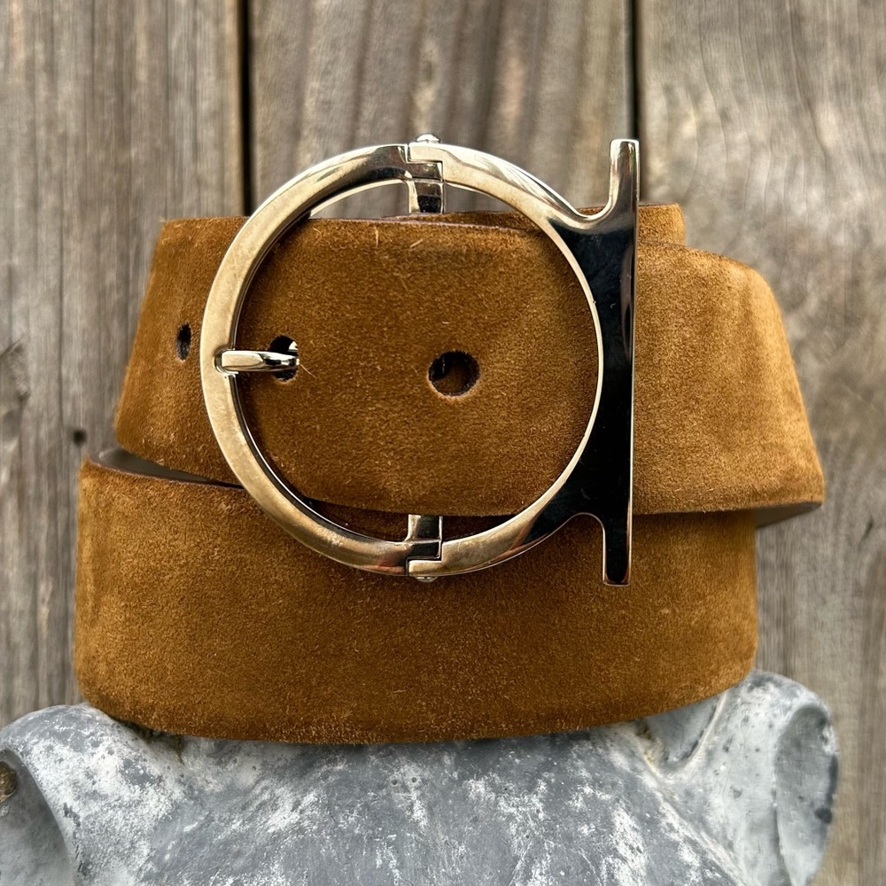 Salvatore Ferragamo Single Gancio Suede Belt Tan Brown 85 - Picture 3 of 16